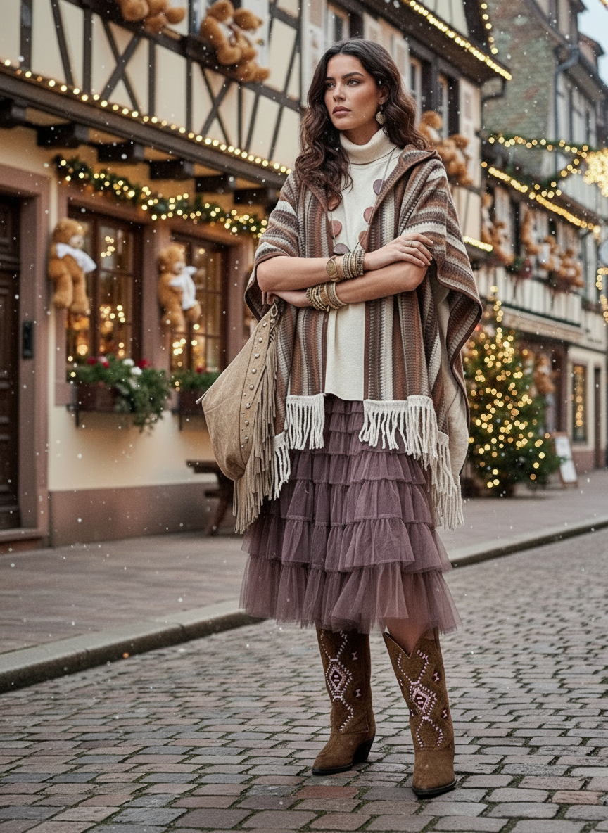 Poncho/capa c/ carapuço e franjas CORA