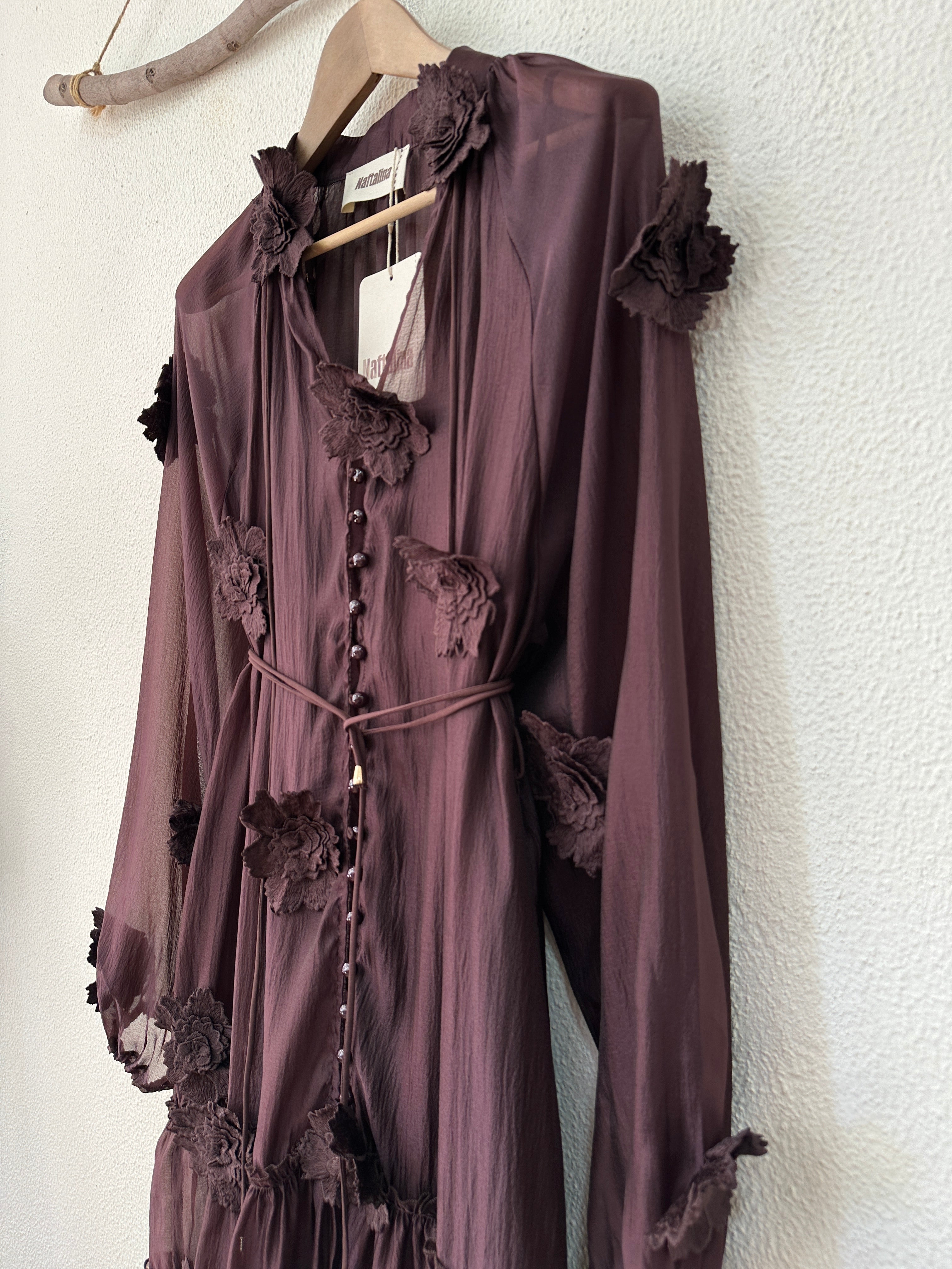 Vestido comprido em chiffon c/aplicações FARAJI