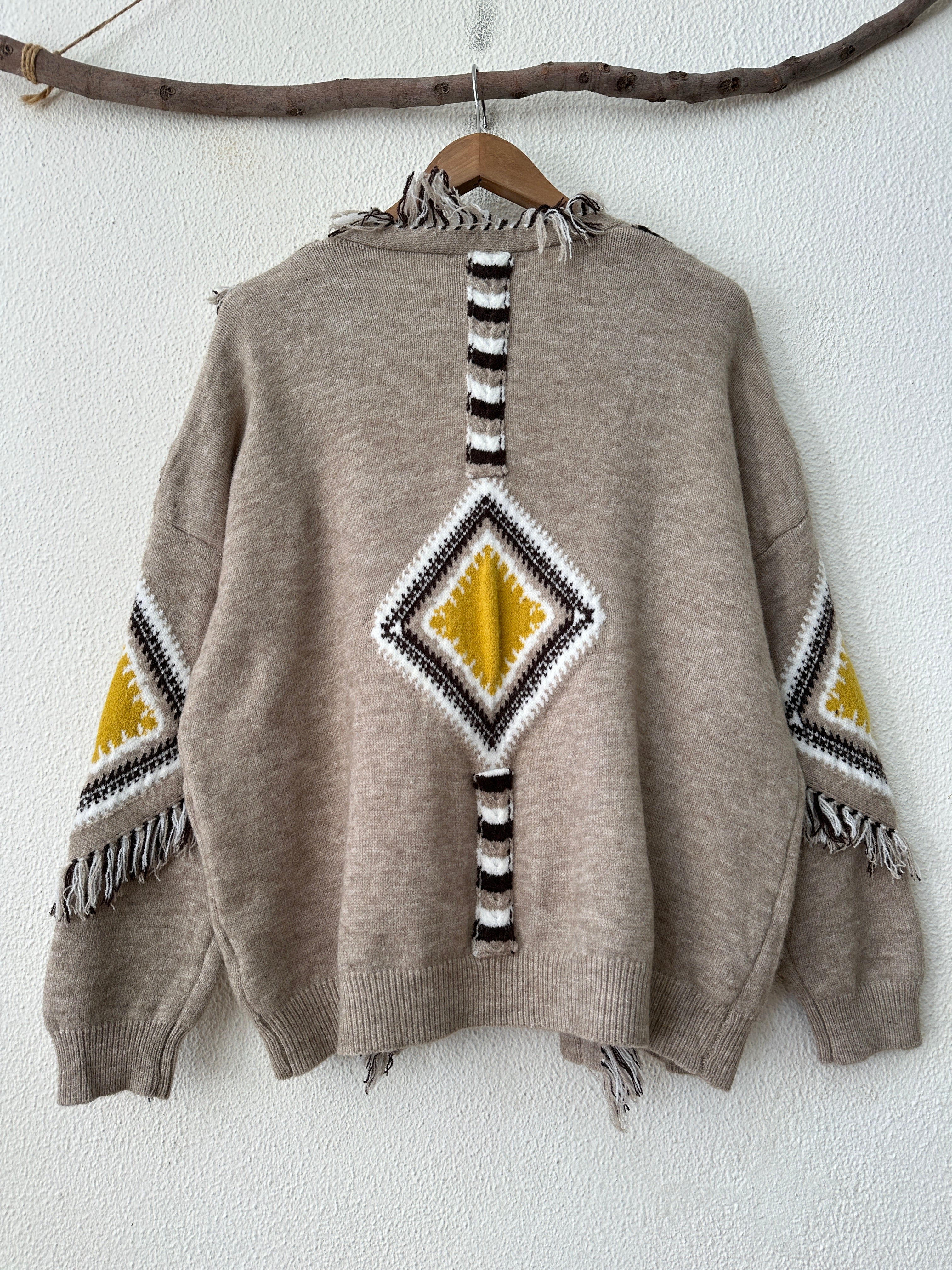Casaco de malha étnico c/franjas KYRA