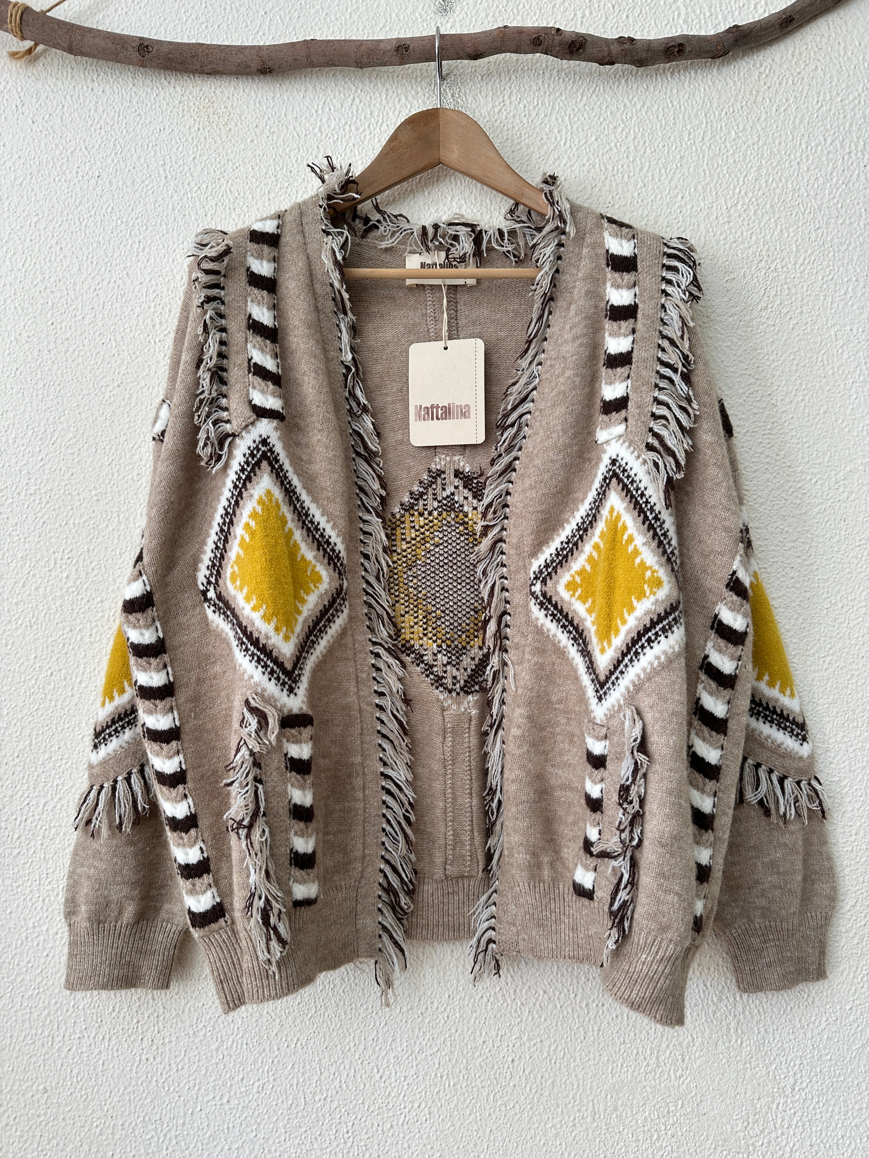 Casaco de malha étnico c/franjas KYRA