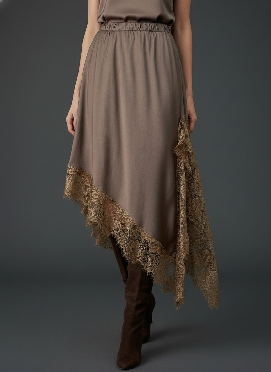 Saia em cetim assimétrica c/ renda SOPHISTICATED