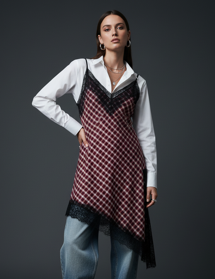 Vestido assimétrico de flanela c/ renda YOHANNA