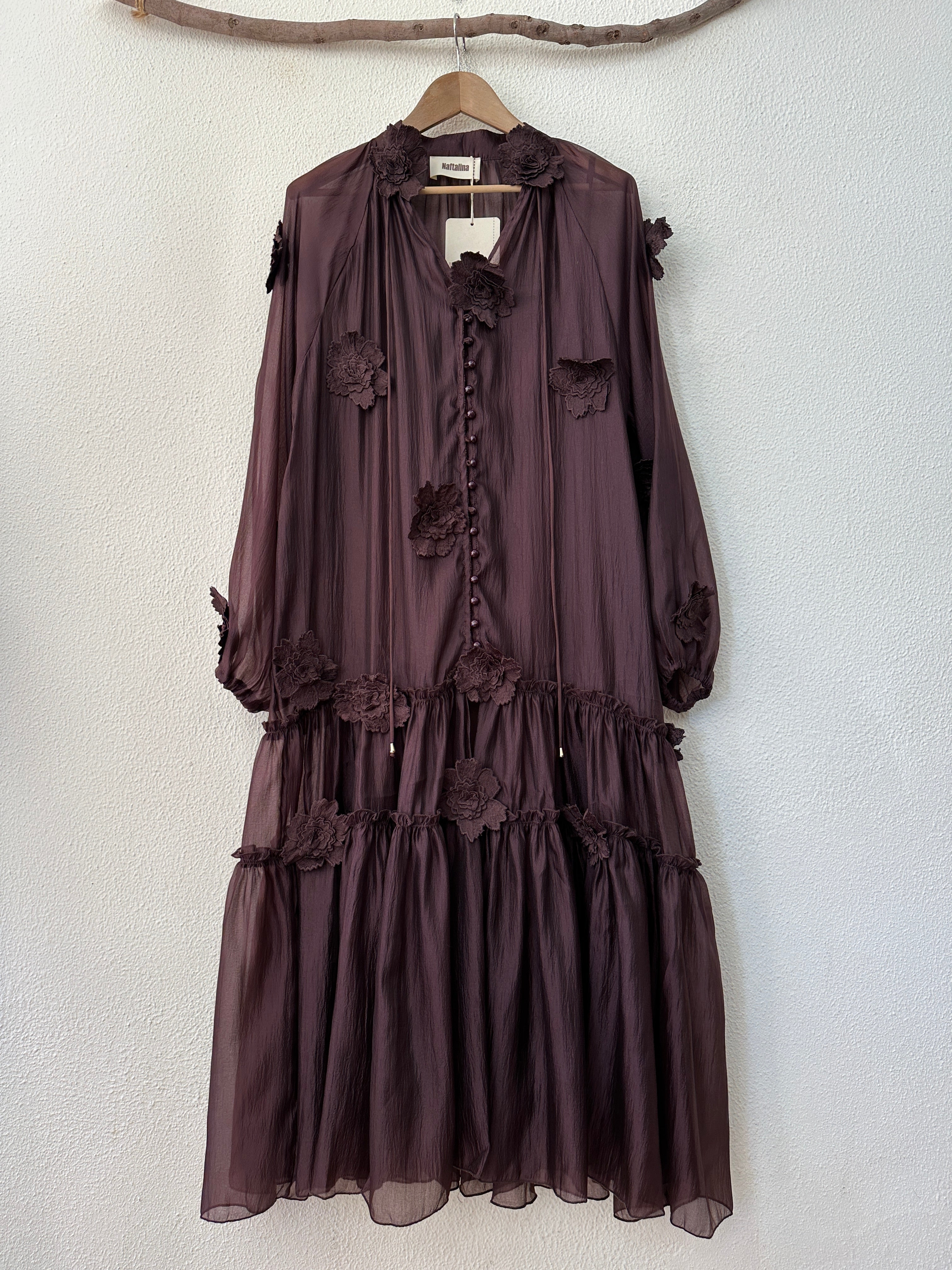 Vestido comprido em chiffon c/aplicações FARAJI