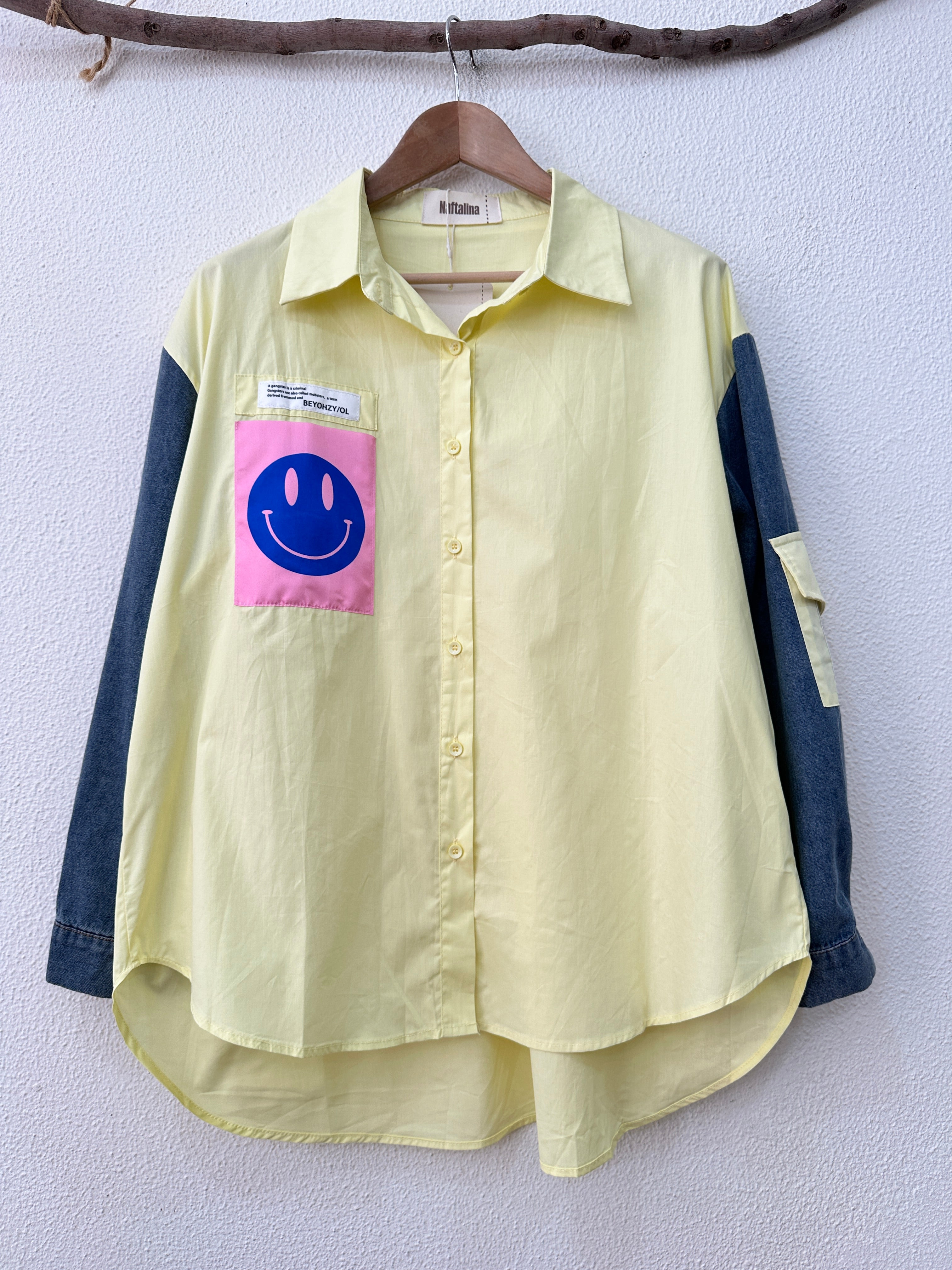 Camisa oversize c/manga em denim SMILEY