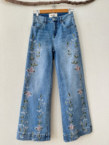 Calças denim wide-leg bordadas APRIL