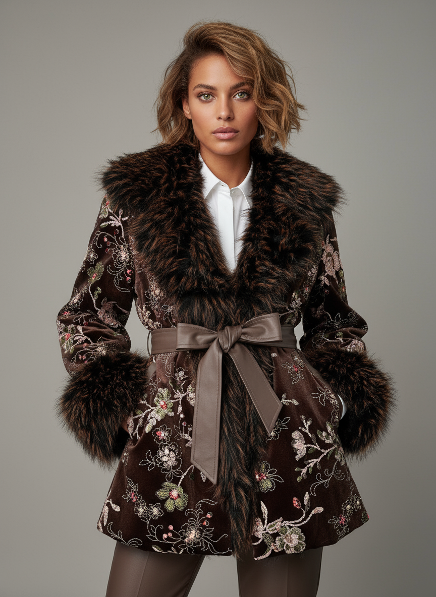 Casaco em veludo bordado c/pêlo PENÉLOPE