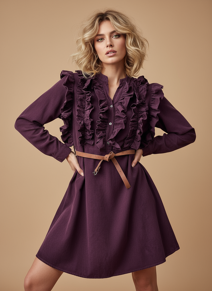 Vestido em microbombazina c/ folhos NOBLE