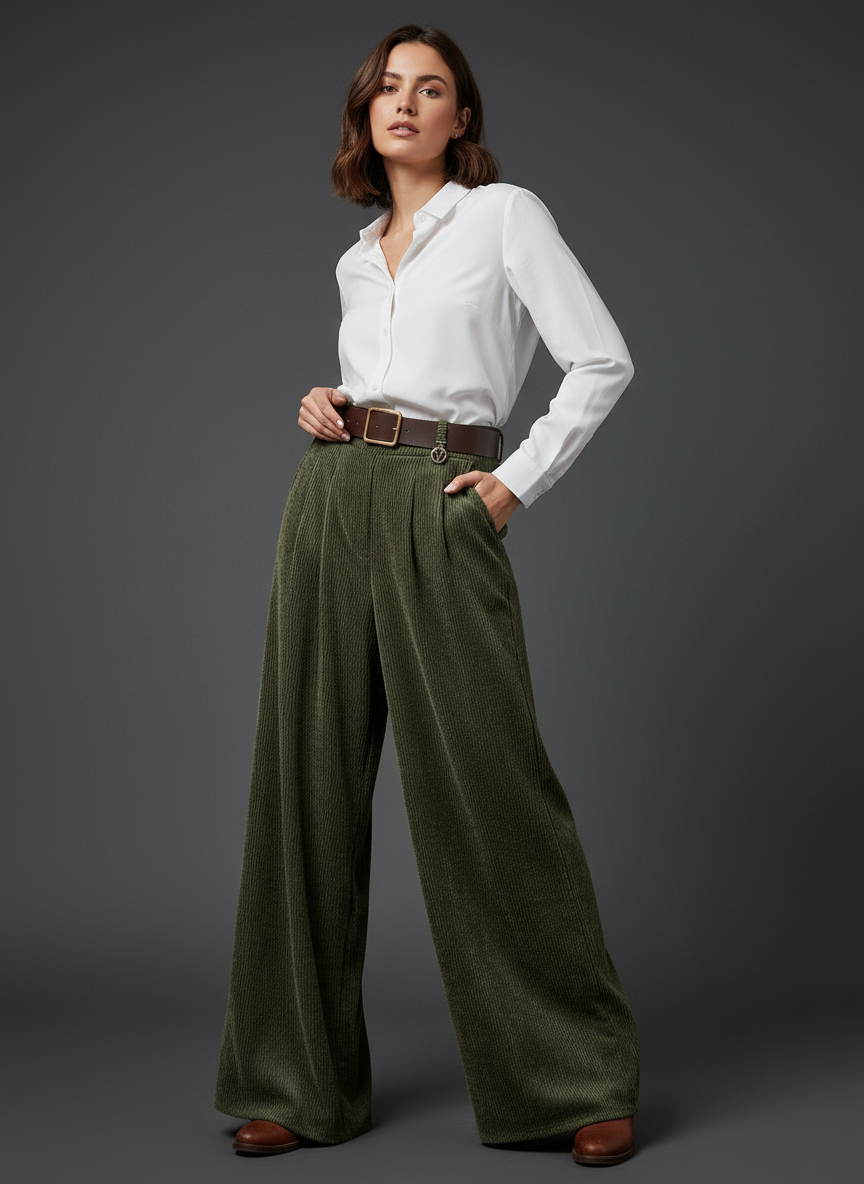 Calças maleáveis tipo bombazina c/cinto EUCALIPTUS