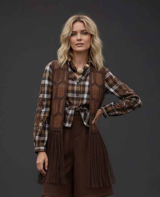 Colete de retalhos em suede c/pelo interior e franjas TRENDY