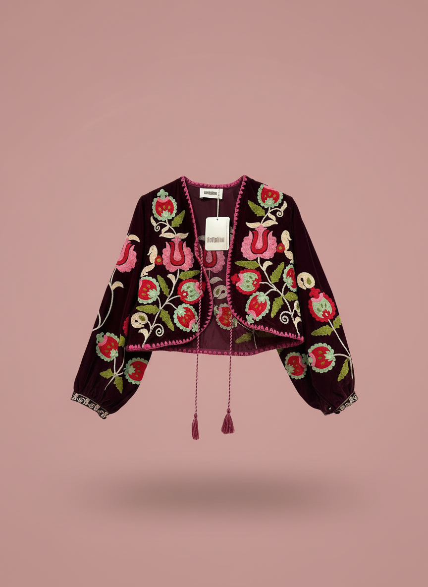 Casaco curto em veludo bordado KERALA