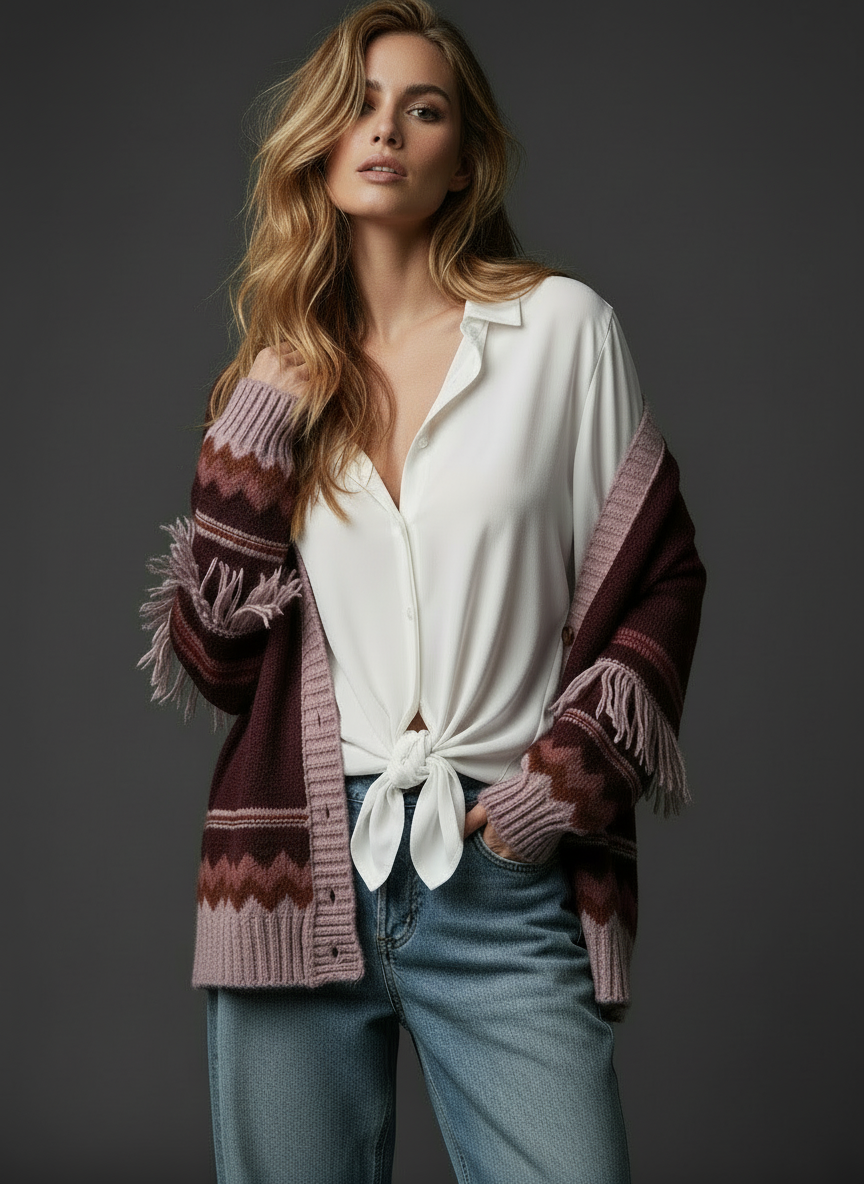 Casaco de malha c/ detalhe de franjas GIFT