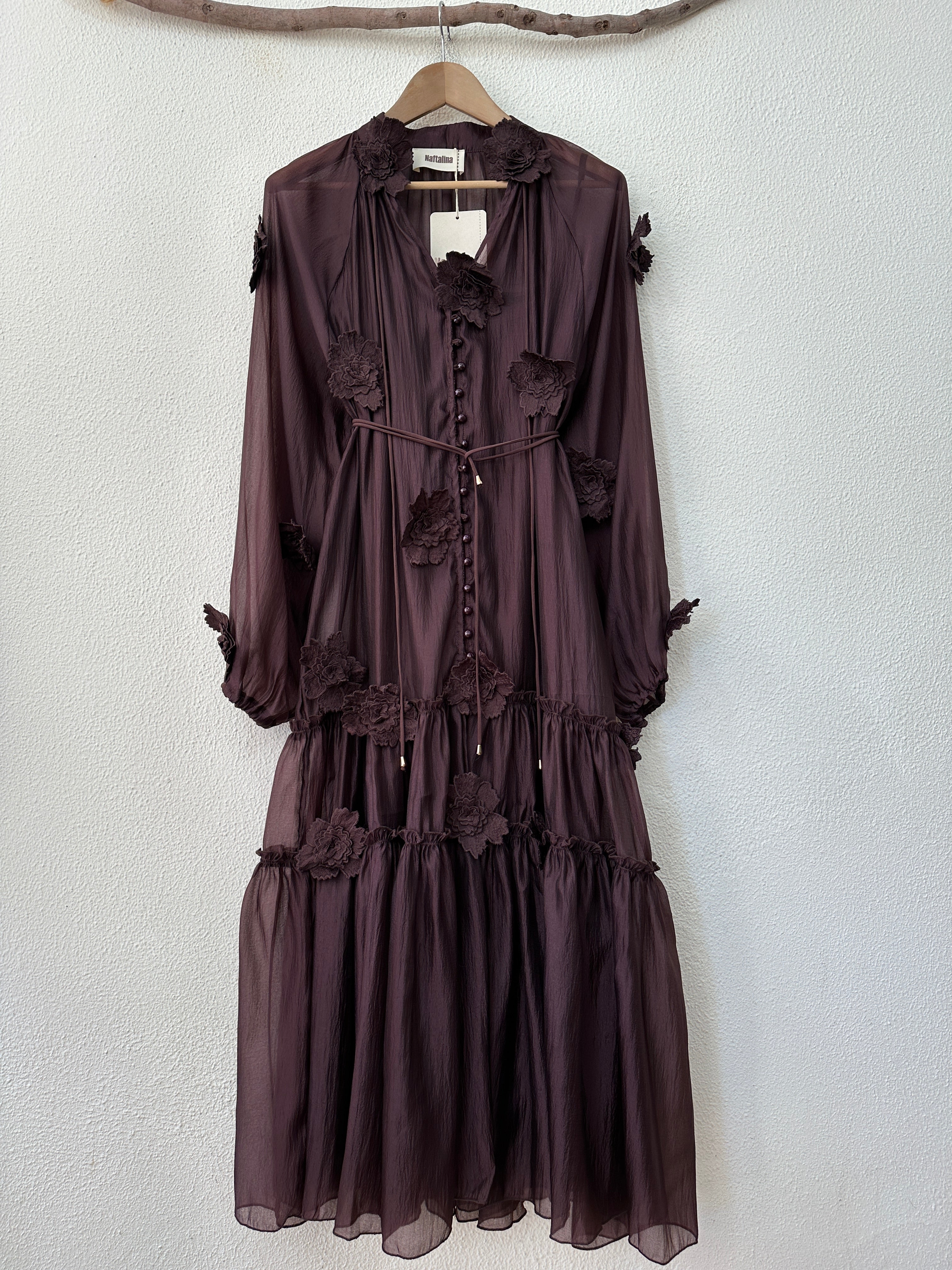 Vestido comprido em chiffon c/aplicações FARAJI