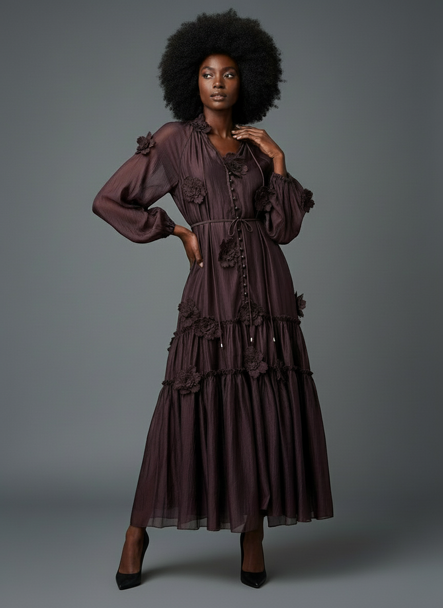 Vestido comprido em chiffon c/aplicações FARAJI