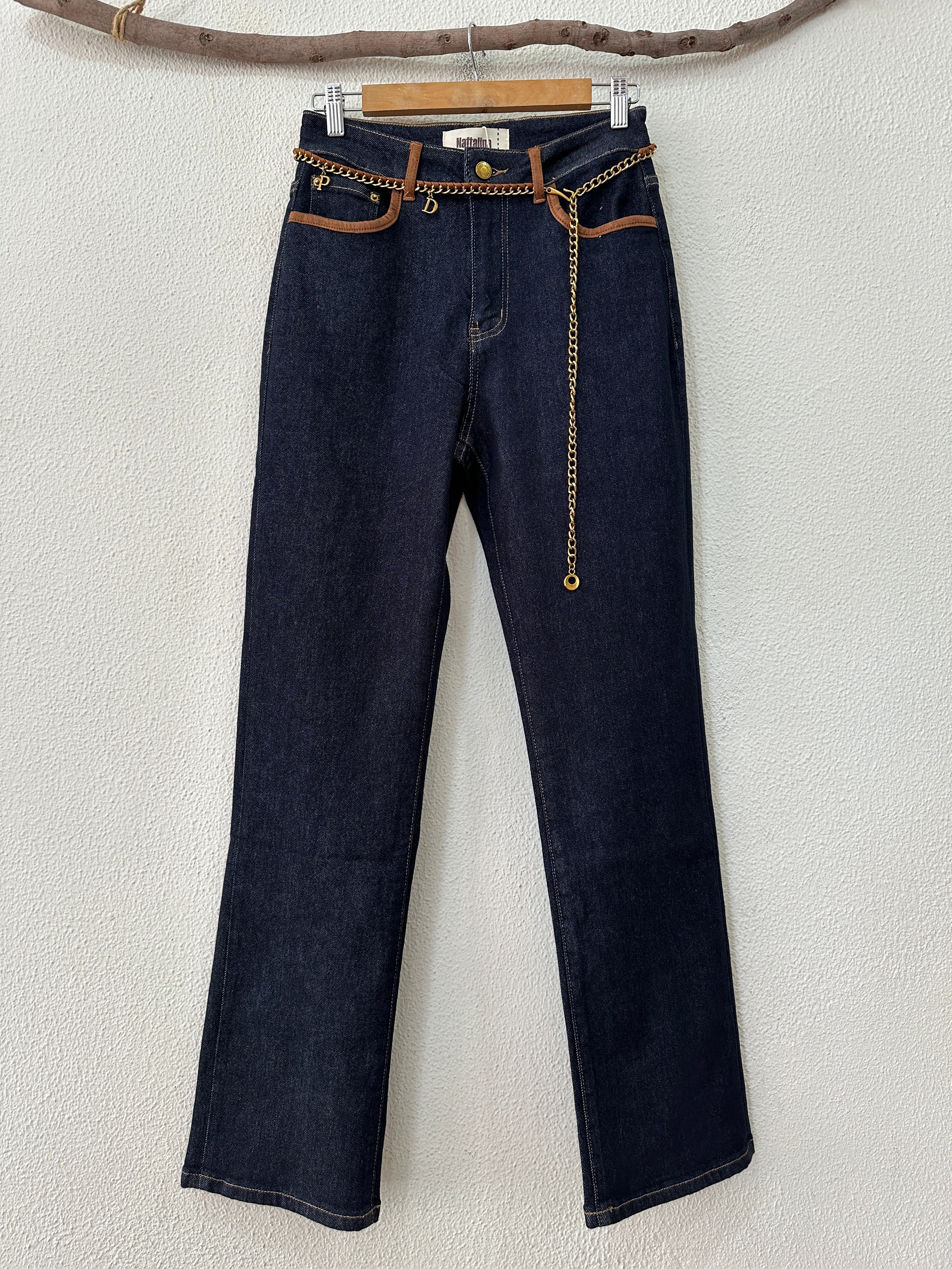 Calças denim de corte direito c/cinto DOLLY