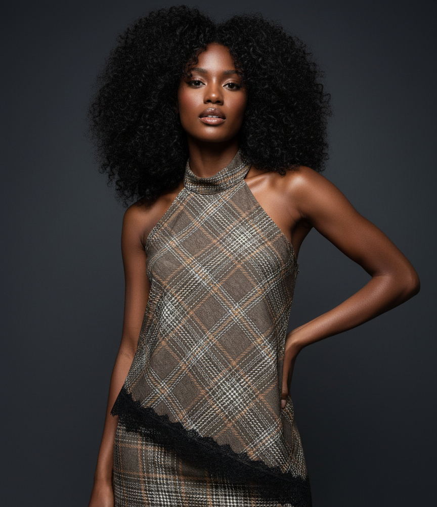 Top assimétrico em malha c/ decote halter e renda MEREDITH