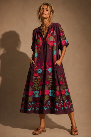 Vestido-camiseiro bordado c/ bolsos DHARMA