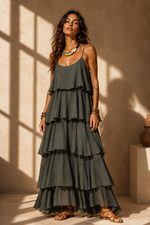 Carregar imagem no visualizador da galeria, Vestido comprido c/ folhos VIVIAN
