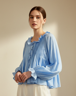 Chargez l'image dans la visionneuse de la galerie,Blusa azul plissada com folhos
