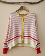 Load image in the gallery viewer,Cardigan riscas - vista frontal com fundo bege
