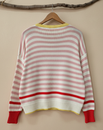 Load image in the gallery viewer,Cardigan riscas - vista traseira com fundo bege
