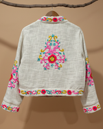 Carregar imagem no visualizador da galeria, Casaco linho bordado fundo bege - traseira
