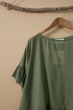 Chargez l'image dans la visionneuse de la galerie,Detalhe manga folho — blusa verde militar fundo bege
