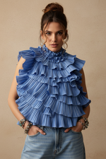 Carregar imagem no visualizador da galeria, Frente - Blusa Folhos Azul Naftalina
