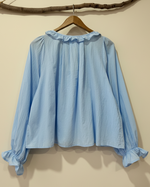 Chargez l'image dans la visionneuse de la galerie,Light blue pleated blouse back view - dramatic studio background
