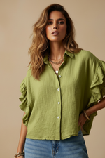 Chargez l'image dans la visionneuse de la galerie,Luna - camisa verde folhos corretos frente
