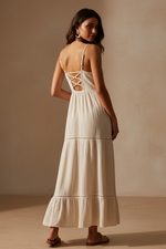 Carregar imagem no visualizador da galeria, Vestido boho creme - modelo costas
