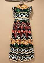 Carregar imagem no visualizador da galeria, Vestido midi print gráfico tropical com fundo de estúdio bege - traseira
